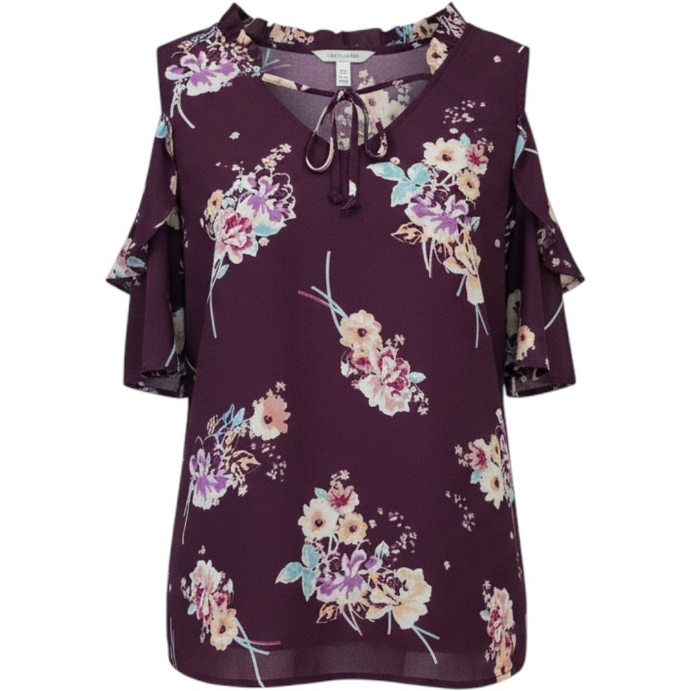 Boho Floral Cold Shoulder Blouse Ruffle Tie Neck Plum Purple Romantic Top M